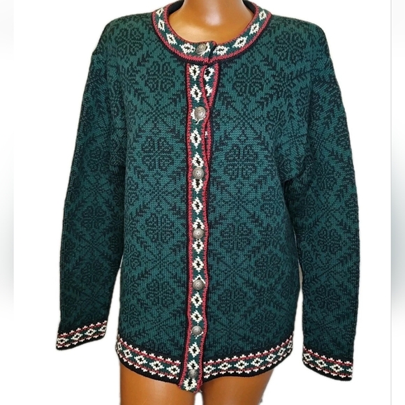 Vtg 90s LL Bean Nordic Fair Isle Cardigan Sweater Med Green Knit Metal Button